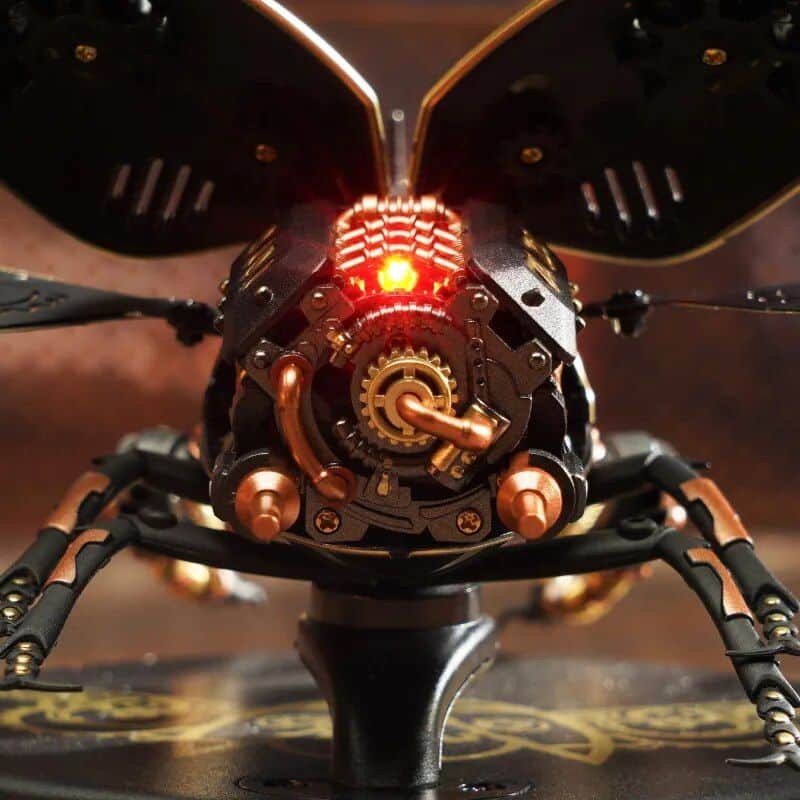 A close-up of a high-tech, futuristic drone with intricate metallic details and LED lights, showcasing its advanced engineering and design, ideal for tech enthusiasts and drone lovers.