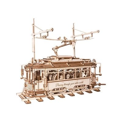 Intricate wooden mechanical train model with gears and moving parts, ideal for collectors and enthusiasts. Perfect for decorative displays or educational purposes.
