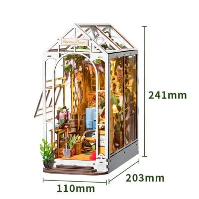 Detailed miniature greenhouse with measurements of 241mm height, 110mm width, and 203mm depth, designed for indoor gardening enthusiasts and plant lovers.