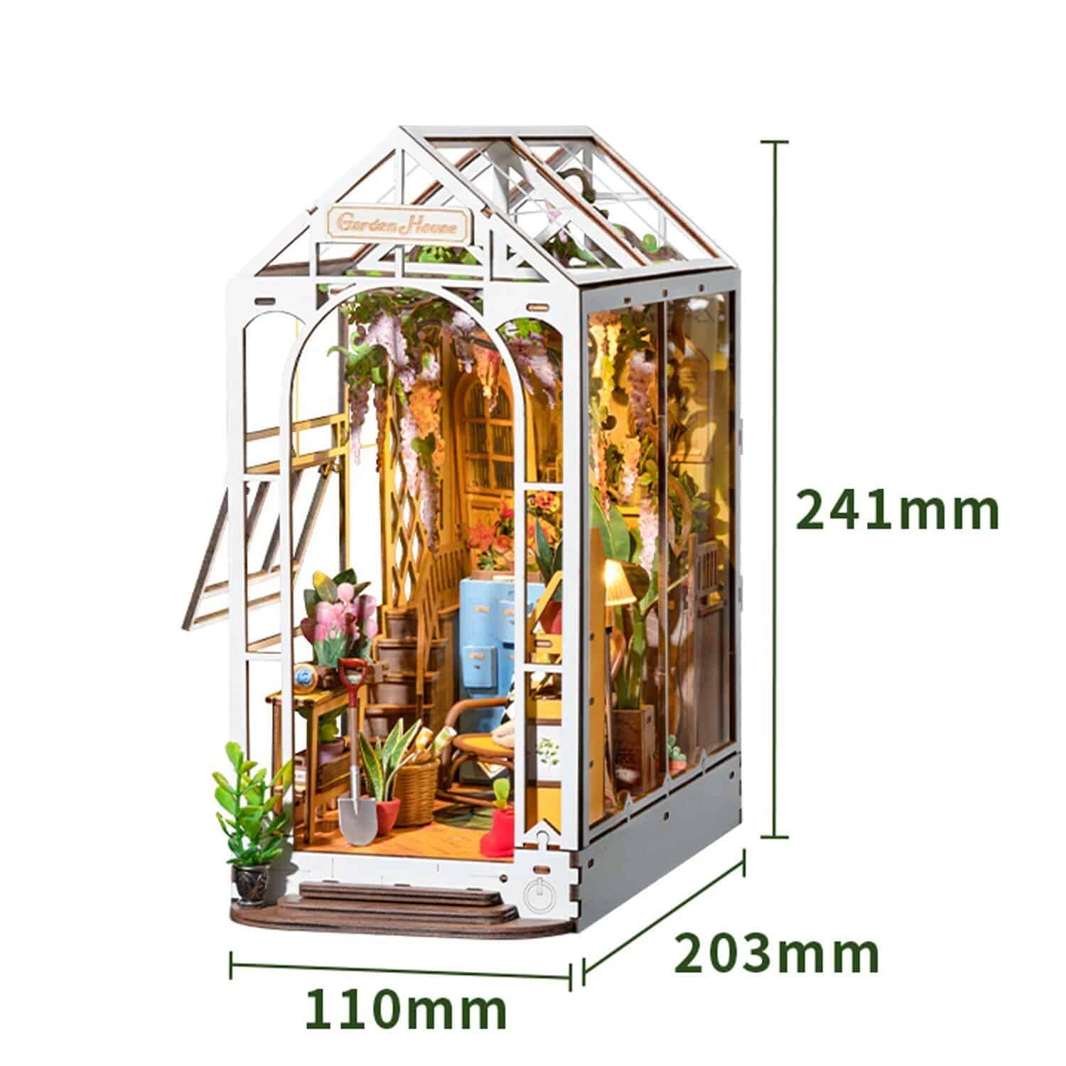 Detailed miniature greenhouse with measurements of 241mm height, 110mm width, and 203mm depth, designed for indoor gardening enthusiasts and plant lovers.