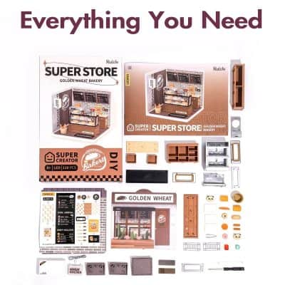 Colorful miniature bakery shop toy, perfect for kids, includes baking accessories, cash register, shelves, and sign for imaginative play, educational, and fun for children.