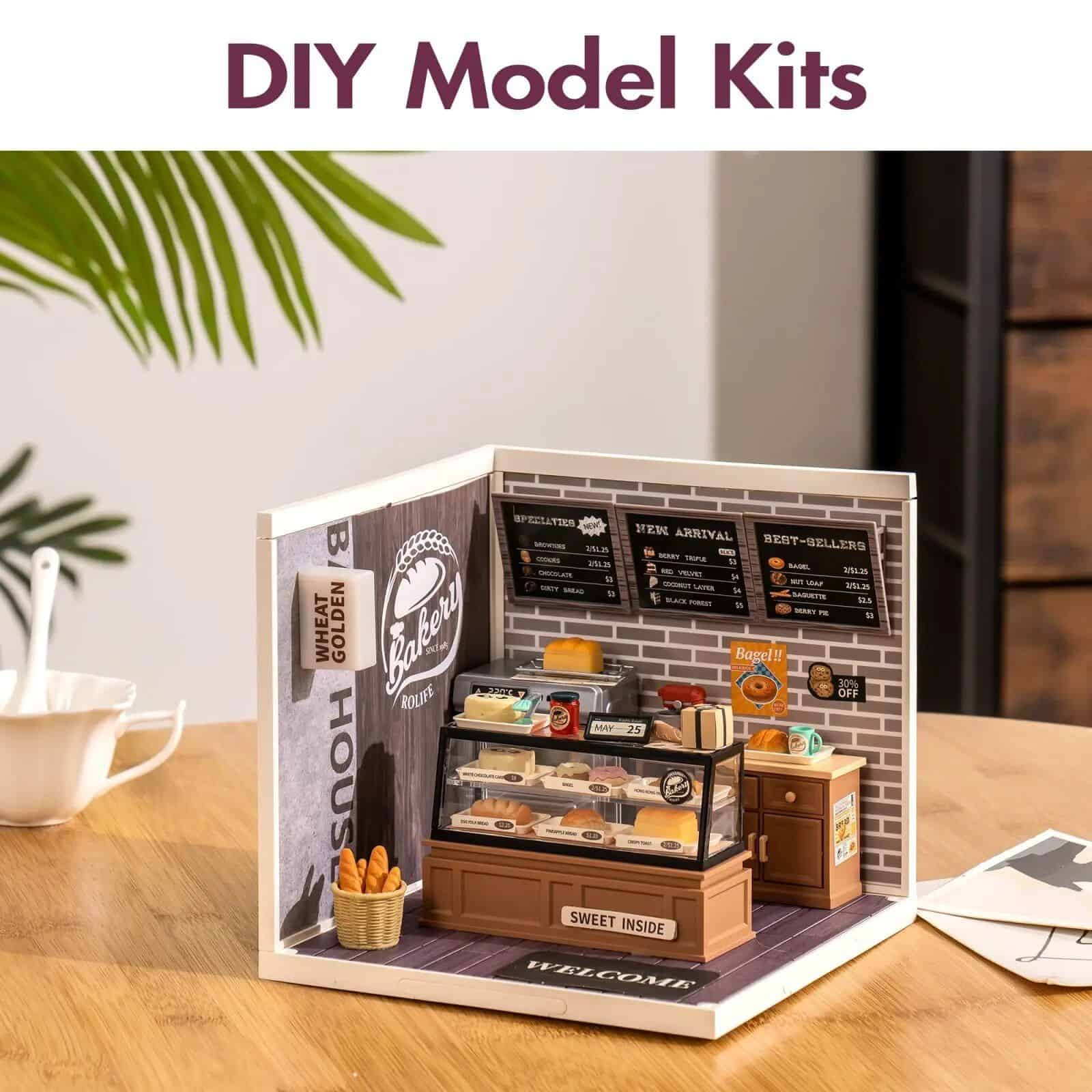 Detailed miniature bakery scene with display case, bakery signs, and bakery food items, ideal for DIY craft projects and home decor. Perfect for hobbyists and model enthusiasts.