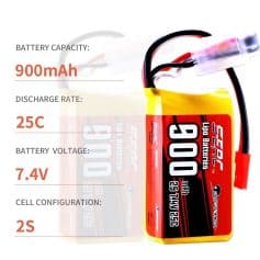 A close-up image of a rechargeable lithium battery with specifications including 900mAh capacity, 25C discharge rate, 7.4V voltage, and 2S cell configuration, ideal for power tools and electronic devices.