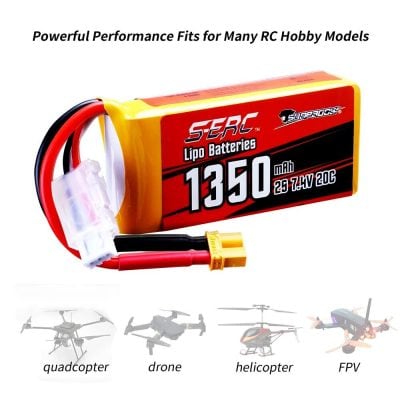 Premium lithium polymer battery with 1350mAh capacity, 25-30-7.4V, 20C discharge rate, perfect for quadcopters, drones, helicopters, and FPV aircraft. Reliable power for RC hobby enthusiasts.