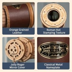 Close-up of a brown leather travel case with orange grain finishing, ideal for storing glasses or accessories, showcasing high-quality craftsmanship for opticians.