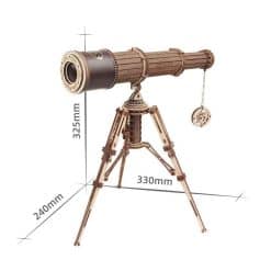 A vintage-style decorative telescope on tripod, perfect for home decor and gifts, inspired by classic optical instruments, with detailed dimensions for display.
