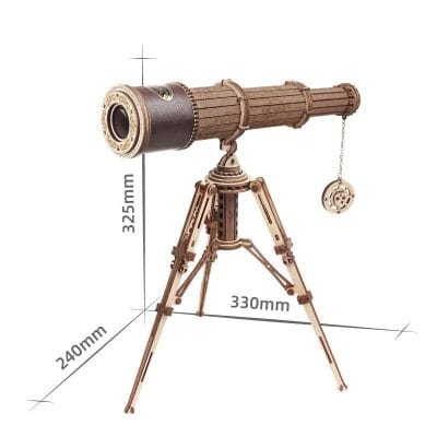 A vintage-style decorative telescope on tripod, perfect for home decor and gifts, inspired by classic optical instruments, with detailed dimensions for display.