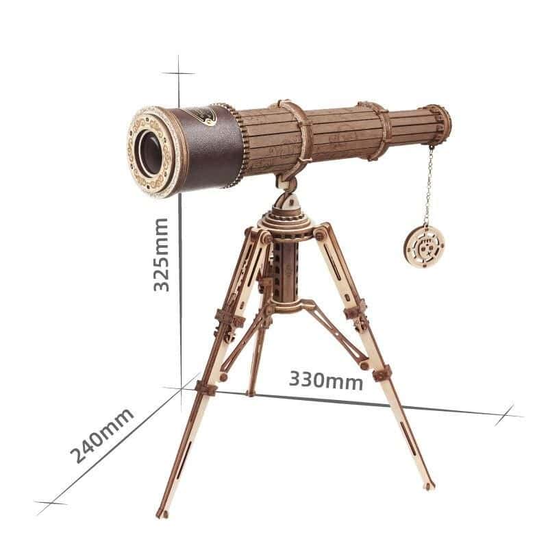 A vintage-style decorative telescope on tripod, perfect for home decor and gifts, inspired by classic optical instruments, with detailed dimensions for display.