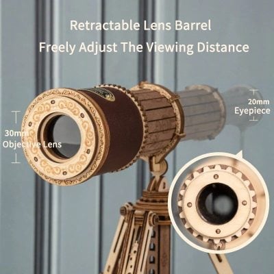 Retractable lens barrel for precise viewing adjustments. Features 30mm objective lens, 20mm eyepiece, and adjustable focus for optimal optical performance. Perfect for stargazing and educational astronomy.