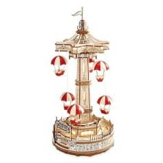 Vintage carousel amusement park ride for children with red and white umbrellas, detailed wooden design, perfect for nursery decor or amusement-themed spaces.