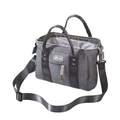 Durable gray storage bag for optical accessories, luggage, and personal items, featuring multiple compartments, handles, and adjustable shoulder strap for convenience.