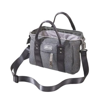 Durable gray storage bag for optical accessories, luggage, and personal items, featuring multiple compartments, handles, and adjustable shoulder strap for convenience.