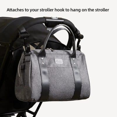 Durable gray stroller organizer bag with carrying handles, attaches securely to stroller hook, ideal for storing baby's essentials and accessories during outings.