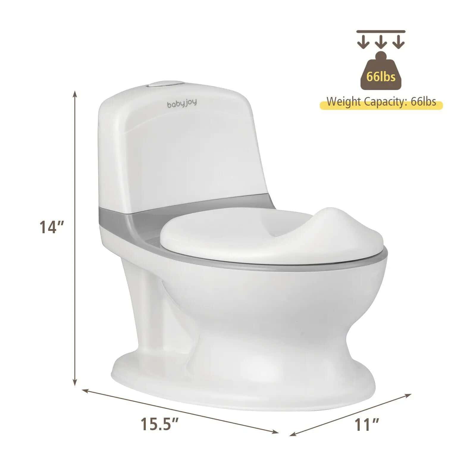 Toilet with weight capacity of 66 lbs, designed for children, featuring ergonomic shape and soft-close lid for safety. Height 14", width 15.5", depth 11", perfect for pediatric bathrooms.