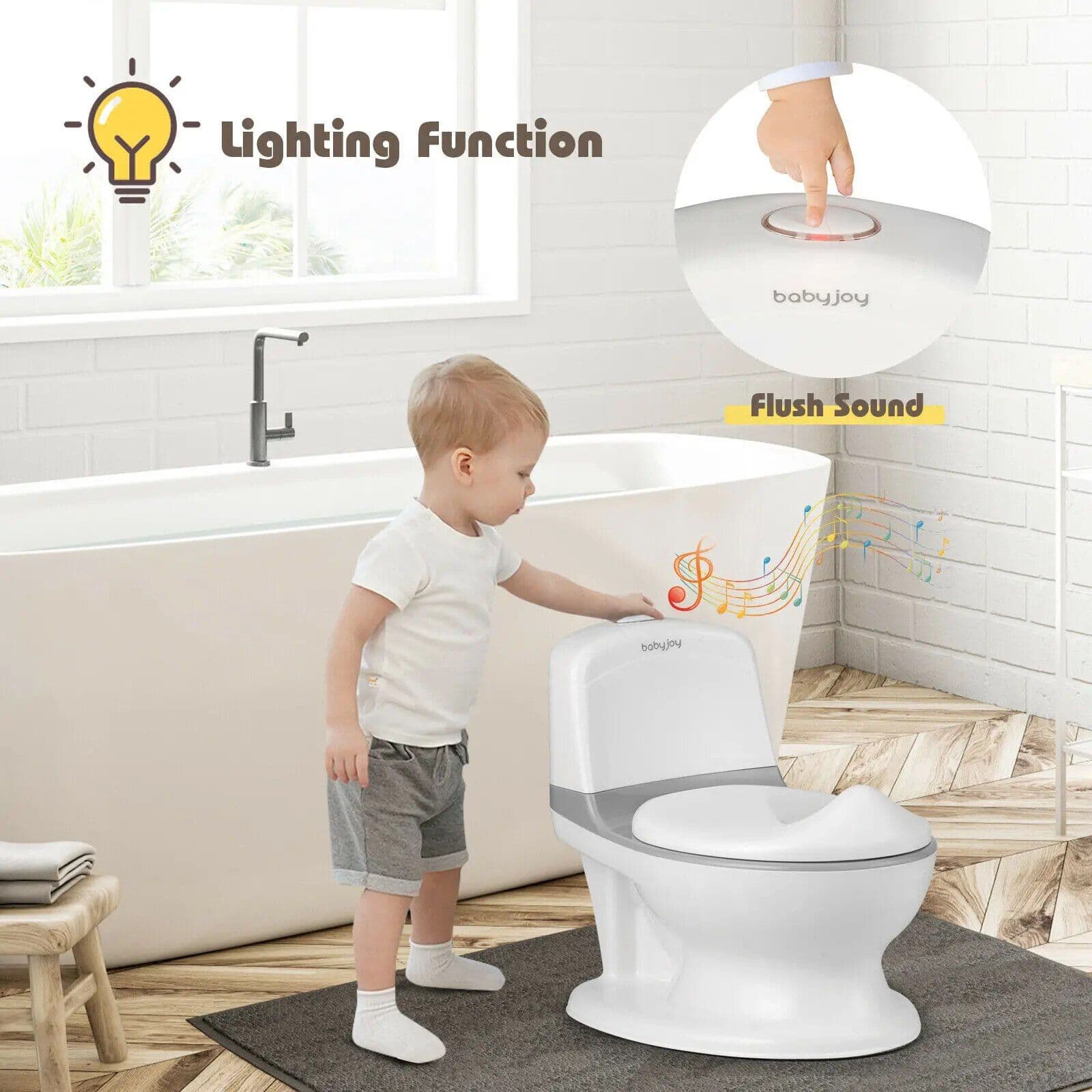 Child-friendly toilet with integrated lighting function, flush sound, and playful design, ideal for encouraging kids to use the bathroom independently.