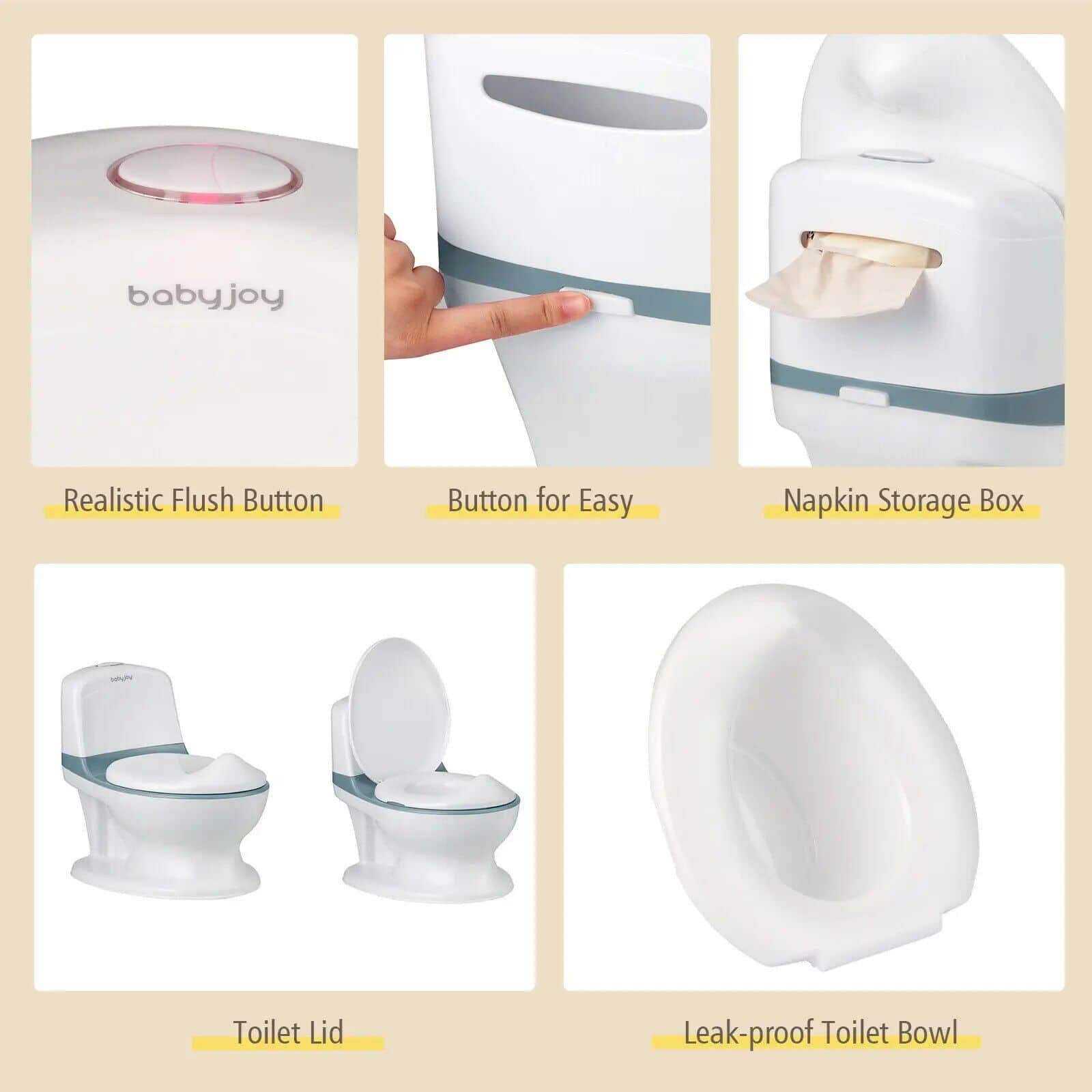 Hygienic diaper disposal with realistic flush button, easy-to-use design, and convenient napkin storage box.