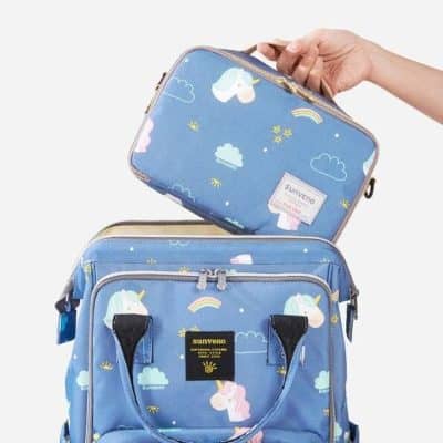 Efficient blue unicorn-themed travel organizer bag with multiple compartments, perfect for kids' essentials, and made from durable, lightweight material.