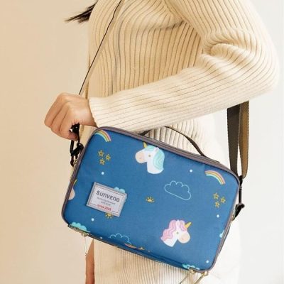 Bright blue kids' unicorn purse with rainbow, cloud, and star patterns, featuring an adjustable strap for easy carrying, suitable for school, daycare, or casual outings. The playful design makes it a perfect gift for children.