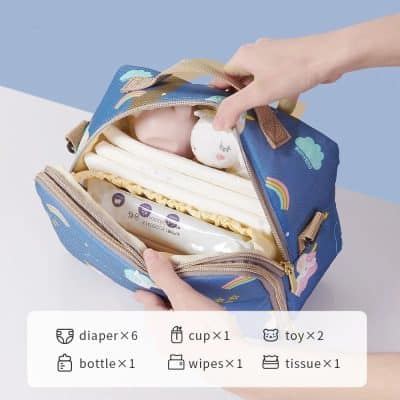 Portable diaper bag with multiple compartments for baby essentials. Perfect for moms on the go to keep diapers, wipes, bottles, toys, and other baby necessities organized and accessible.