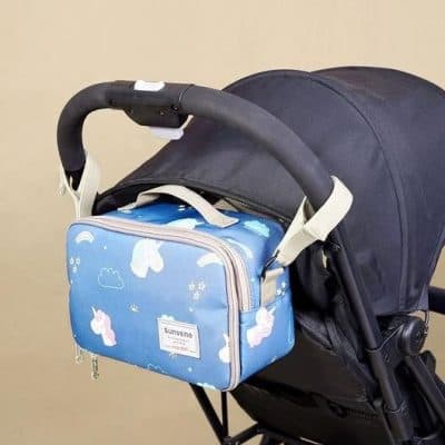High-quality stroller organizer bag for moms from Monalisa Store, featuring multiple compartments, durable design, and cute unicorn print, perfect for carrying essentials during outings.
