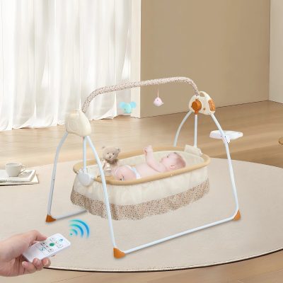A cozy baby crib featuring a gentle mobile with soft plush toys, designed for infant comfort and sleep. Comes with remote control for easy operation, perfect for modern nurseries.