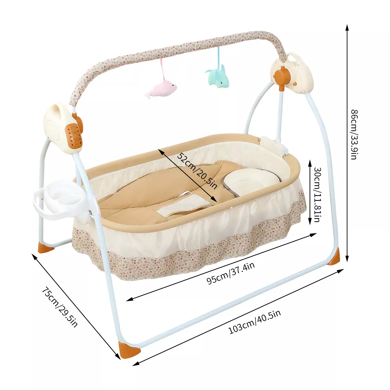 Baby bassinet with adjustable canopy, cute hanging plush toys, and sturdy frame perfect for newborns. Features soft bedding, breathable design, and easy access for parents. Ideal for nurseries.
