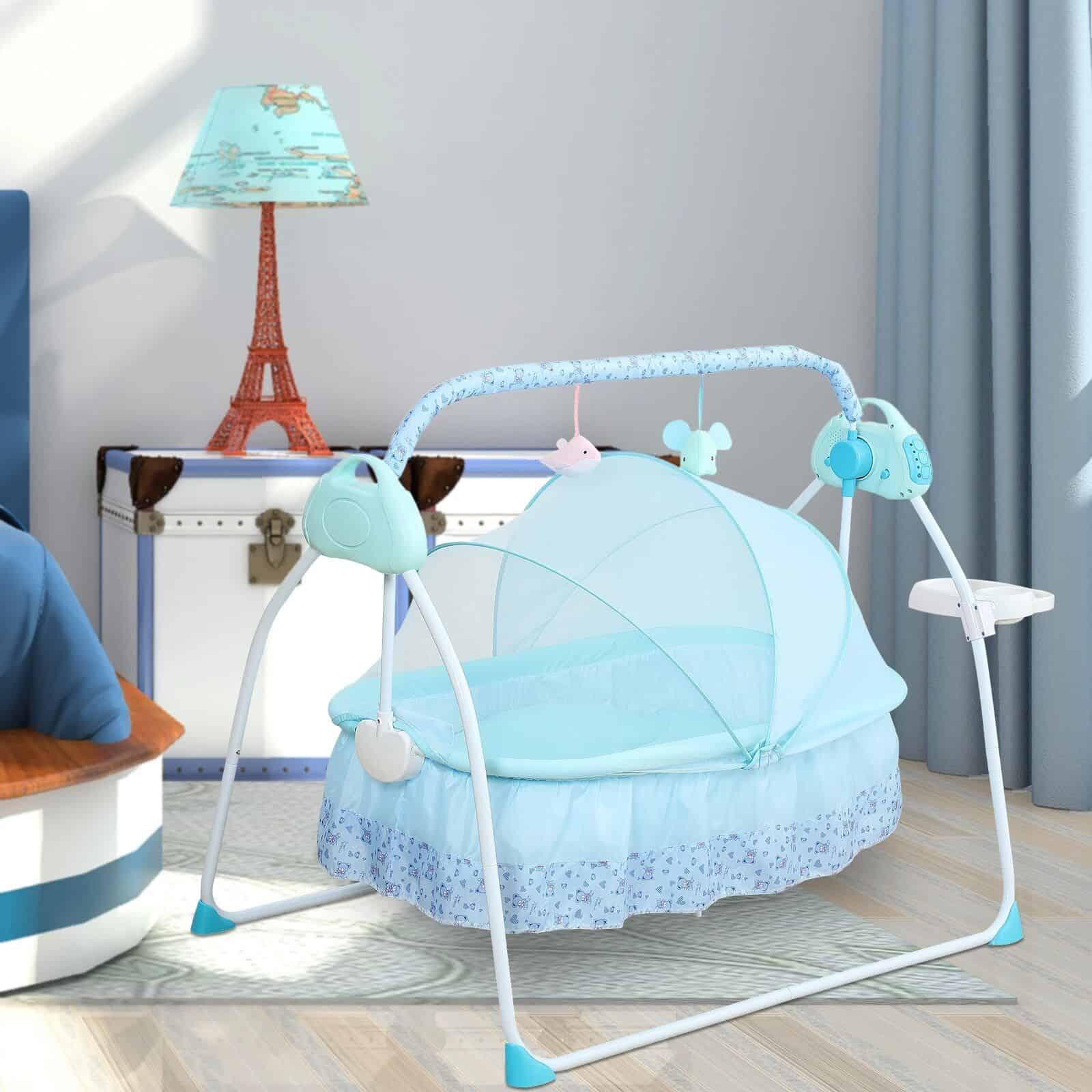 Adorable baby crib with a mesh canopy for safety and comfort, perfect for newborns and infants, featuring soft bedding and easy access for parents.