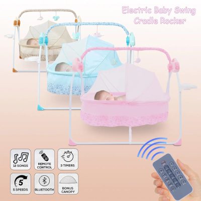 Electric baby swing with remote control, 12 songs, 5 speeds, Bluetooth, 3 timers, and bonus canopy for newborns and infants. Perfect for soothing and entertaining babies.