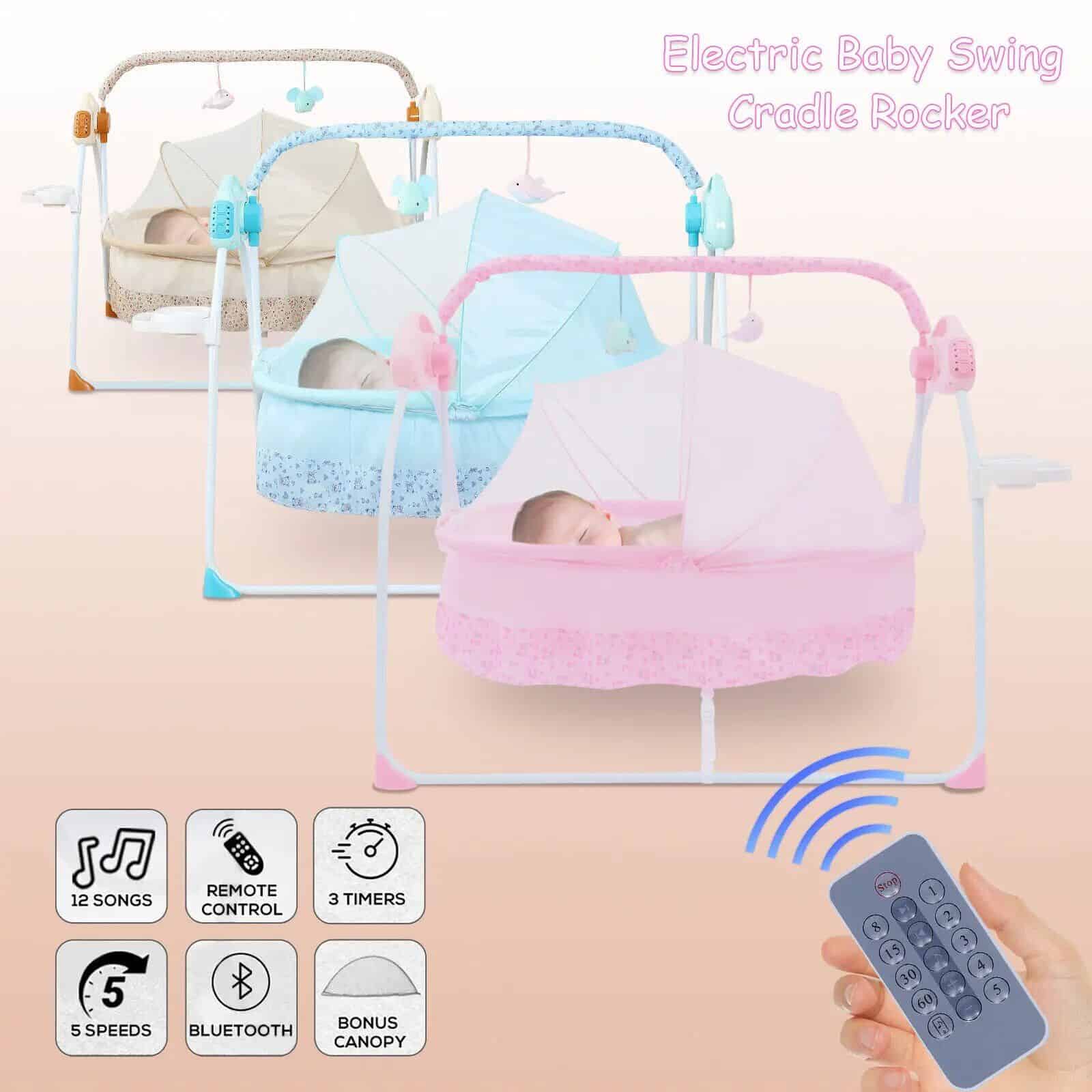 Electric baby swing with remote control, 12 songs, 5 speeds, Bluetooth, 3 timers, and bonus canopy for newborns and infants. Perfect for soothing and entertaining babies.