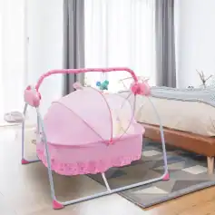 Light pink baby cradle with canopy, musical mobile, and adjustable frame for infant comfort and safety. Perfect for newborns, stylish, and easy to assemble.