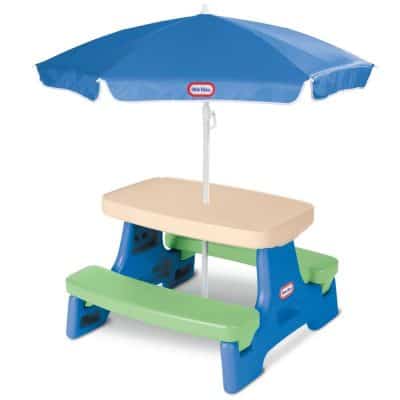 Brightly colored kids outdoor table with umbrella for children’s play and recreational activities, ideal for outdoor use and family fun, perfect for a safe and shaded play area.