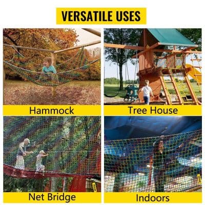 Versatile kids' play safety net for hammocks, tree houses, net bridges, and indoor play areas to prevent falls and ensure safe fun.