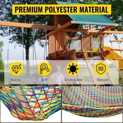 Colorful playground wooden structure with polyester safety netting for kids’ outdoor play.