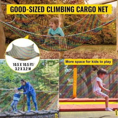 Colorful outdoor climbing cargo net for children’s play, durable and safe for outdoor activities, ideal for children’s playgrounds and backyard fun.
