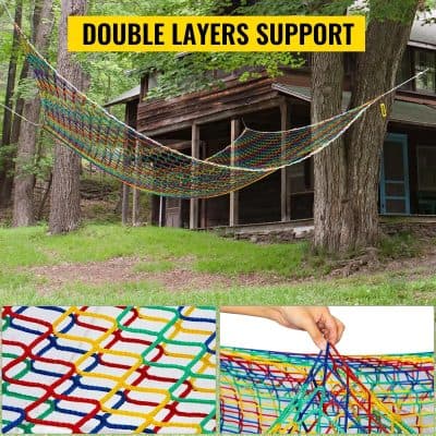 Bright, intricate woven hammock with colorful double layers for outdoor relaxation, featuring strong support and vibrant patterns ideal for garden, camping, or backyard leisure activities.