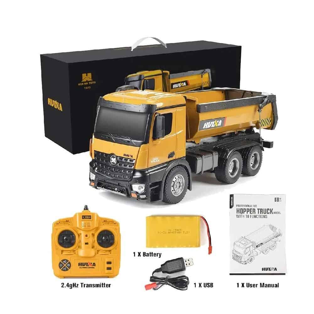 Durable toy construction truck with realistic features, perfect for kids, including remote control, batteries, and user manual for imaginative play.