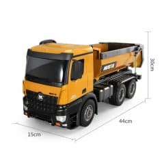 Toy construction truck with realistic design, ideal for kids' toys, educational activities, and outdoor play, measuring 44cm long, 30cm high, and 15cm wide.