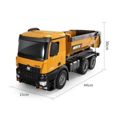 Toy construction truck with realistic design, ideal for kids' toys, educational activities, and outdoor play, measuring 44cm long, 30cm high, and 15cm wide.