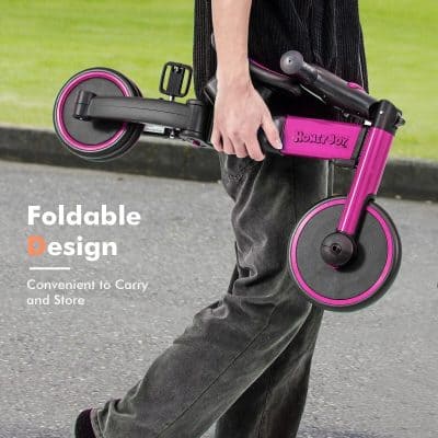Portable electric foldable scooter with pink accents, ideal for travel and commuting, lightweight for easy carrying, perfect for urban mobility solutions.
