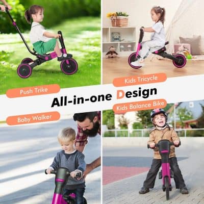 Child's bicycle with adjustable features for outdoor play and indoor training.