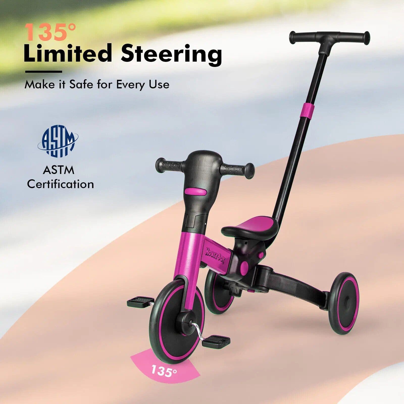 Childrens tricycle with a 135° limited steering feature, suitable for safe riding for children, backed by ASTM certification, available at Monalisa Medical Store for quality children's outdoor toys.
