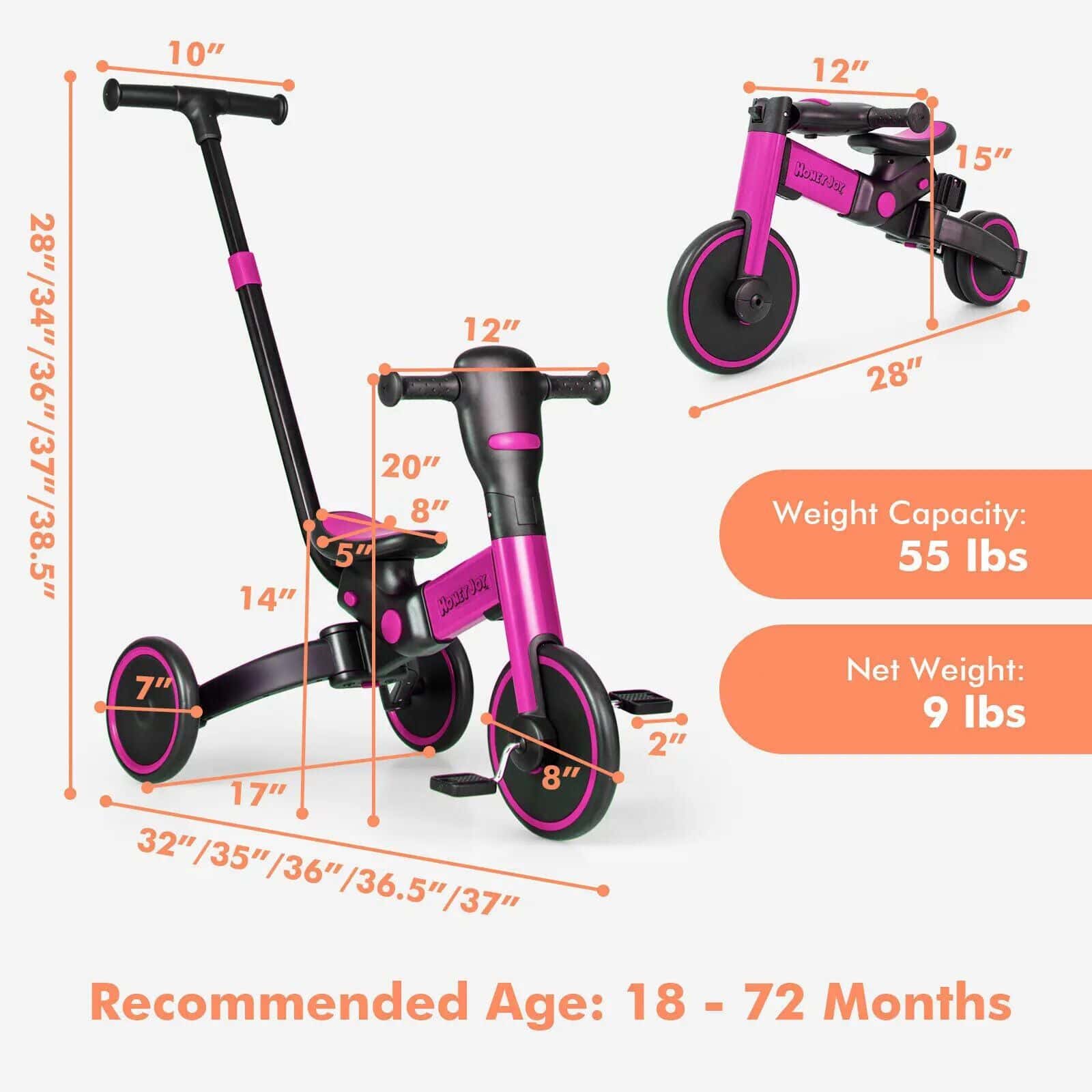 Bright pink and black kids' balance bike with adjustable height, lightweight design, and ergonomic features suitable for children ages 18-72 months.