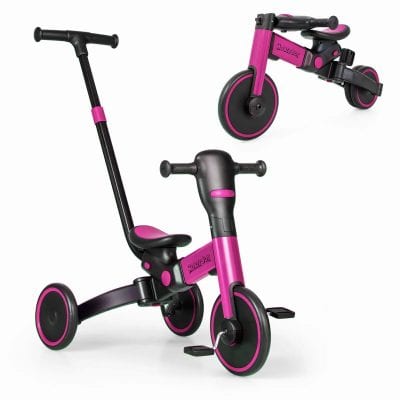 Colorful pink and black kids' balance bike, designed for toddler safety and fun, perfect for outdoor play and developing balance and coordination skills.