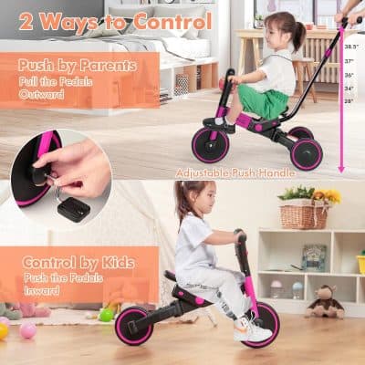 Children's pedal bike with adjustable handlebar and foot pedals, designed for safe indoor and outdoor riding, promoting active play and motor skills development.