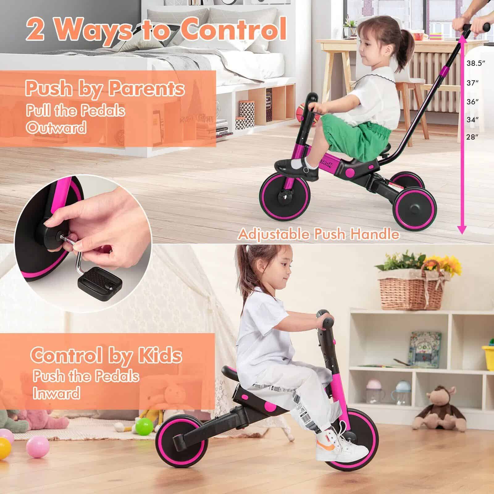 Children's pedal bike with adjustable handlebar and foot pedals, designed for safe indoor and outdoor riding, promoting active play and motor skills development.