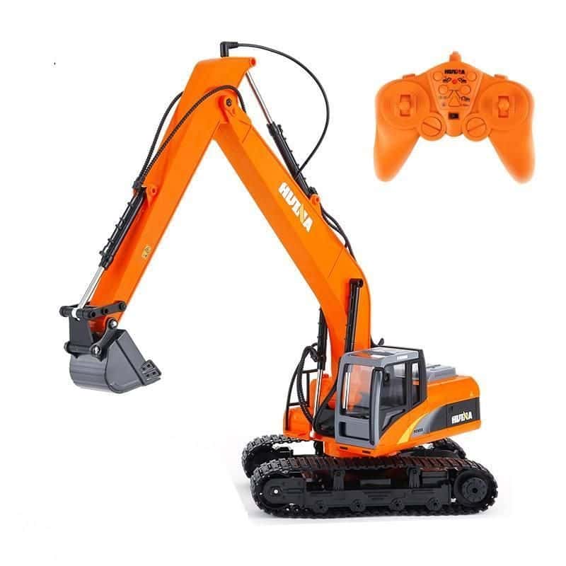 A vibrant orange remote-controlled construction excavator toy with a matching controller, perfect for kids interested in construction machines and educational play.