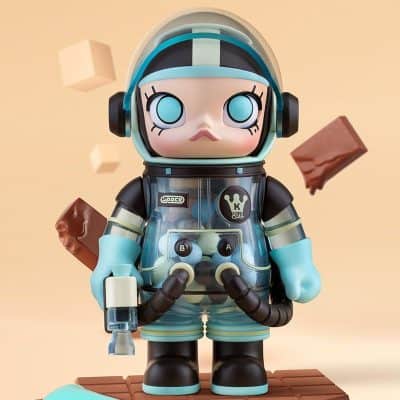 Fun astronaut toy figurine with chocolate floating around, child-friendly design, detailed spacesuit, appealing for collectors, suitable for kids' bedroom decor or as a space-themed gift.