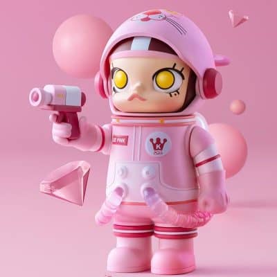 Adorable pink toy figurine wearing a helmet and holding a small gun, set against a pink background with floating geometric shapes. Perfect for children's toys, collectibles, and adorable character collectibles.
