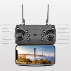 Wireless drone controller with adjustable joysticks, speed switch, camera controls, and smartphone mount for immersive drone flying experience.