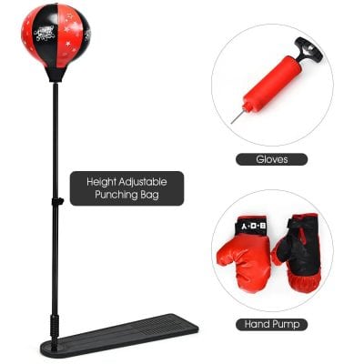 A height-adjustable punching bag stand with a stable base, featuring boxing gloves, a hand pump, and a punching bag for boxing training and fitness workouts.